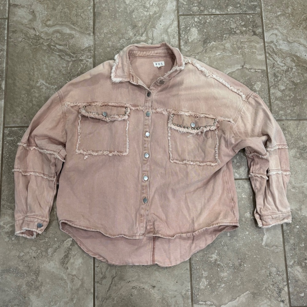 POL Pink Distressed Denim Shacket Studded Raw Hem Oversized Jacket Small‎